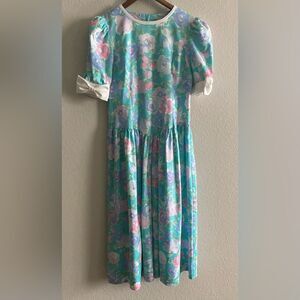 Vintage 1980s Puff Bow Sleeve Watercolor Floral Midi Sun Dress Cottagecore 12p